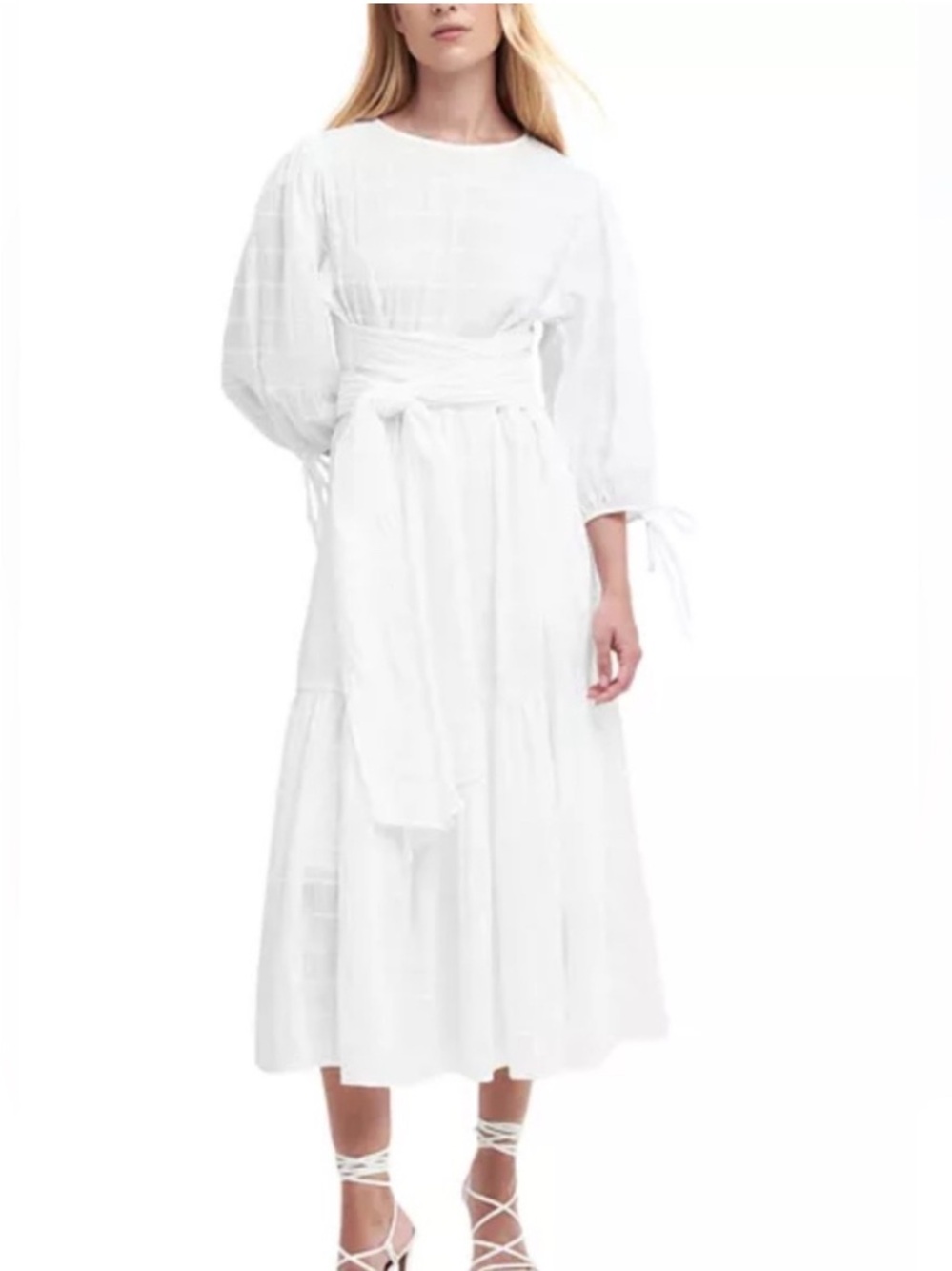 Barbour Kelburn White Textured Puff Sleeve Midi Dress Size 10